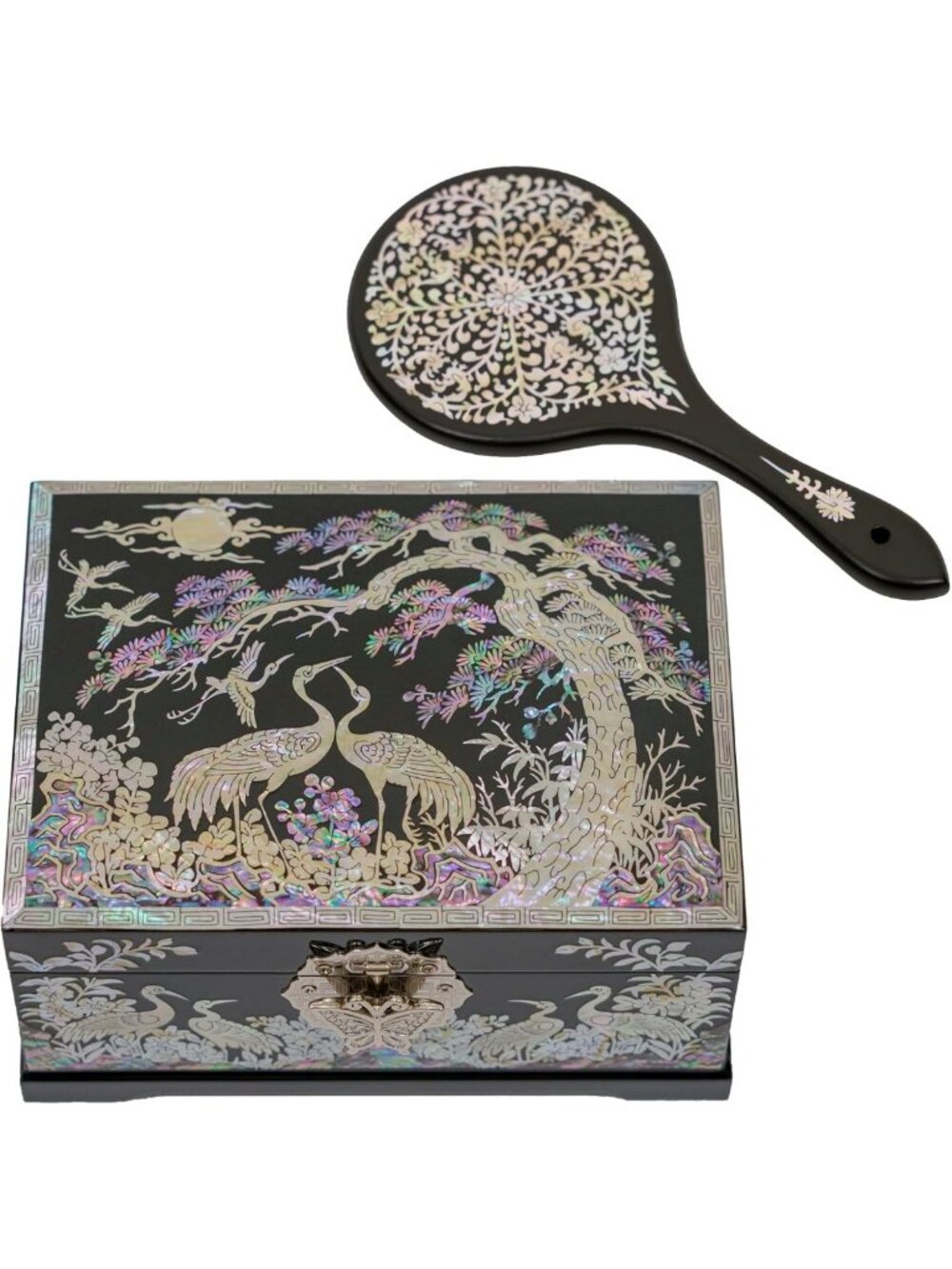 Elegant Handcrafted Mother-of-Pearl Crane Jewelry Box & Mirror Set - Timeless